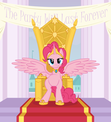 Size: 816x900 | Tagged: safe, artist:averagedraw, character:pinkie pie, species:alicorn, species:pony, alicornified, element of laughter, hilarious in hindsight, pinkiecorn, race swap, throne, xk-class end-of-the-world scenario