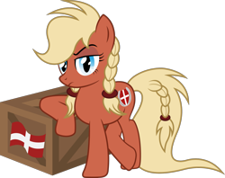 Size: 2061x1632 | Tagged: safe, artist:zekrom-9, oc, oc only, oc:valkyria, species:earth pony, species:pony, nation ponies, braid, container, denmark, female, flag, hairband, maersk, mare, ponytail, pun, shipping, solo