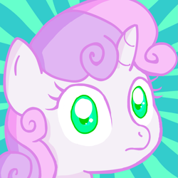 Size: 1513x1513 | Tagged: dead source, source needed, useless source url, safe, artist:danfango, artist:danfango700, character:sweetie belle, species:pony, species:unicorn, bright eyed, bust, female, frown, looking at you, solo, stare, sunburst background, sweetie belle's stare