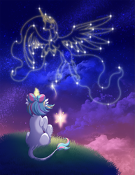 Size: 1197x1549 | Tagged: safe, artist:jewlecho, character:princess celestia, oc, oc:lorelei, species:classical unicorn, constellation, leonine tail, stargazing