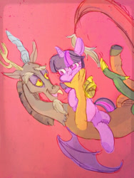 Size: 481x640 | Tagged: safe, artist:gebomamire, character:discord, character:twilight sparkle, character:twilight sparkle (alicorn), species:alicorn, species:pony, ship:discolight, :t, female, gradient background, lidded eyes, looking at each other, male, mare, open mouth, shipping, simple background, spread wings, squeezing, squishy cheeks, straight, wings