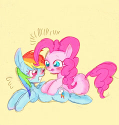 Size: 588x617 | Tagged: safe, artist:gebomamire, character:pinkie pie, character:rainbow dash, ship:pinkiedash, blushing, cute, dashabetes, diapinkes, female, glomp, gritted teeth, hug, lesbian, scared, shipping, simple background, surprised, tongue out