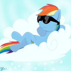 Size: 1024x1024 | Tagged: safe, artist:djose-ohara, character:rainbow dash, species:pegasus, species:pony, 20% cooler, cloud, cloudy, cutie mark, female, hooves, lying on a cloud, mare, on a cloud, on back, relaxing, smiling, solo, sunglasses, wings