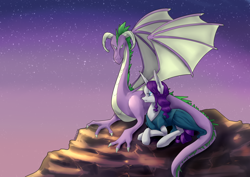 Size: 1200x848 | Tagged: safe, artist:nalenthi, character:rarity, character:spike, ship:sparity, a song of ice and fire, adult spike, clothing, daenerys targaryen, dress, female, game of thrones, harsher in hindsight, male, older, older spike, prone, shipping, sky, smiling, spread wings, straight, wings