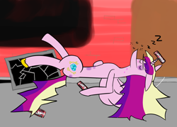 Size: 2100x1500 | Tagged: safe, artist:gustav tremendous, character:princess cadance, 4loko, drunk, drunk cadance, passed out