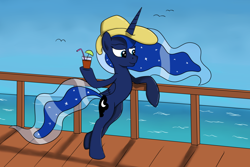 Size: 1024x685 | Tagged: safe, artist:notlikelyanartist, character:princess luna, species:pony, bipedal, clothing, drink, female, hat, ship, solo, sun hat