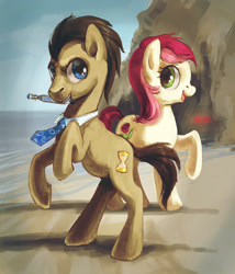 Size: 771x900 | Tagged: safe, artist:lis-alis, character:doctor whooves, character:roseluck, character:time turner, species:earth pony, species:pony, ship:doctorrose, crossover, doctor who, duo, female, male, mare, mouth hold, necktie, rearing, shipping, sonic screwdriver, stallion, straight, the doctor