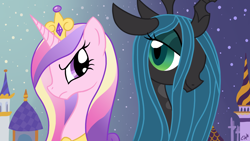 Size: 1920x1080 | Tagged: safe, artist:oemilythepenguino, character:princess cadance, character:queen chrysalis, species:changeling, changeling queen, female, wallpaper