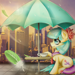 Size: 2000x2000 | Tagged: safe, artist:thetarkaana, character:coco pommel, species:earth pony, species:pony, cafe, city, cityscape, cup, feather, female, flower, flower in hair, looking away, looking up, manehattan, mare, outdoors, profile, rain, sitting, smiling, solo, table, umbrella