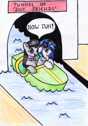 Size: 4899x7008 | Tagged: safe, artist:warumono1989, character:dj pon-3, character:octavia melody, character:vinyl scratch, species:earth pony, species:pony, species:unicorn, g4, absurd resolution, annoyed, blushing, boat, duo, female, friendzone, ride, shipping denied, traditional art, tunnel, unamused, vinyl is not amused