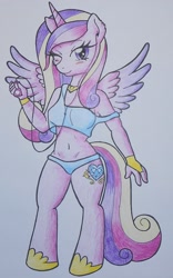 Size: 1238x1990 | Tagged: safe, artist:warumono1989, character:princess cadance, species:anthro, belly button, female, ipod, midriff, solo, traditional art, wink