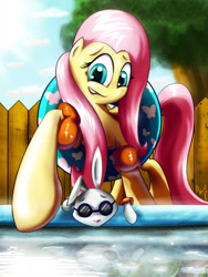 Size: 1200x1600 | Tagged: safe, artist:forevernyte, character:angel bunny, character:fluttershy, female, floaty, inner tube, solo, swimming pool, water wings