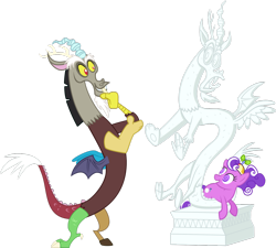 Size: 1280x1152 | Tagged: safe, artist:emper24, character:discord, character:screwball, species:draconequus, species:pony, admiring, checking himself out, clothing, duo, female, hat, male, mare, ponidox, propeller hat, self ponidox, simple background, statue, statue discord, swirly eyes, transparent background, vector