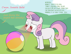 Size: 5000x3750 | Tagged: safe, artist:the-skullivan, character:sweetie belle, species:pony, species:unicorn, sweetie bot, ball, beach ball, blank flank, comic, female, filly, foal, hooves, horn, robot, robot pony, scanning, solo focus
