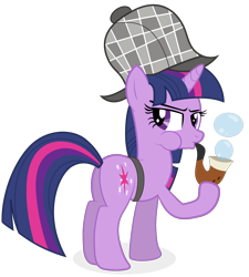 Size: 2000x2222 | Tagged: safe, artist:ahumeniy, character:twilight sparkle, character:twilight sparkle (unicorn), species:pony, species:unicorn, episode:mmmystery on the friendship express, g4, my little pony: friendship is magic, blowing bubbles, bubble pipe, clothing, deerstalker, detective, female, hat, mare, pipe, puffy cheeks, simple background, solo, transparent background, vector