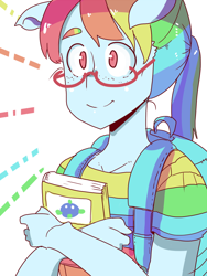 Size: 600x800 | Tagged: safe, artist:tsukusun, character:rainbow dash, character:spike, species:anthro, ambiguous facial structure, backpack, book, egghead, female, floppy ears, freckles, glasses, pixiv, ponytail, rainbow dork, smiling, solo