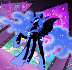 Size: 1000x962 | Tagged: safe, artist:celestialess, character:nightmare moon, character:princess luna, species:alicorn, species:pony, g4, female, looking at you, mare, solo, spread wings, stained glass, wings