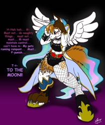 Size: 866x1024 | Tagged: safe, artist:catmonkshiro, character:princess celestia, oc, species:anthro, species:pony, princess molestia, armlet, belt, boots, choker, cloak, clothing, collar, digital art, female, fishnet pantyhose, fishnets, furry, gradient background, hand, hooves, mare, pants, pantyhose, paws, shoes, shorts, spiked wristband, spread wings, text, top, transformation, transforming clothes, wings, wristband