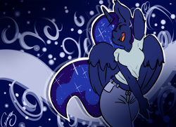Size: 2200x1594 | Tagged: safe, artist:cynux, character:princess luna, species:alicorn, species:anthro, species:pony, abstract background, clothing, dancing, eyes closed, female, smiling, solo, spread wings, wings