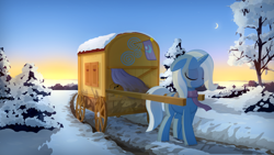 Size: 1920x1080 | Tagged: safe, artist:gign-3208, character:trixie, clothing, crescent moon, eyes closed, female, floppy ears, moon, scarf, sky, snow, solo, sunrise, trixie's wagon, wagon, winter
