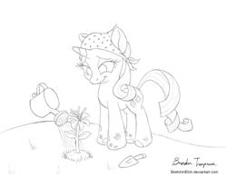 Size: 900x706 | Tagged: safe, artist:sketchinetch, character:rarity, female, flower, gardening, monochrome, sketch, solo