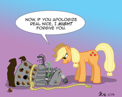 Size: 1000x800 | Tagged: safe, artist:the_gneech, part of a set, character:applejack, species:earth pony, species:pony, adobe imageready, crossover, dalek, destroyed, dialogue, doctor who, female, gradient background, lasso, mare, rope