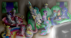 Size: 1300x700 | Tagged: safe, artist:silvy-fret, character:apple bloom, character:applejack, character:derpy hooves, character:discord, character:fluttershy, character:pinkie pie, character:princess celestia, character:princess luna, character:rainbow dash, character:rarity, character:scootaloo, character:spike, character:sweetie belle, character:twilight sparkle, character:twilight sparkle (alicorn), species:alicorn, species:pony, ship:dislestia, couch, cutie mark crusaders, fainting couch, female, male, mane seven, mane six, mare, movie night, popcorn, prone, scared, shipping, straight, television