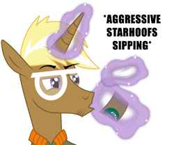 Size: 1030x861 | Tagged: safe, artist:knadow-the-hechidna, character:trenderhoof, species:pony, species:unicorn, aggressive, aura, drinking, hipster, magic, male, sipping, stallion, starbucks, starhoofs
