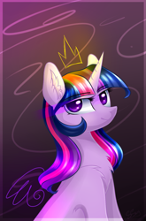 Size: 889x1345 | Tagged: safe, artist:snowsky-s, character:twilight sparkle, character:twilight sparkle (alicorn), species:alicorn, species:pony, abstract background, chest fluff, ear fluff, ethereal crown, ethereal wings, female, floating crown, floating wings, mare, shoulder fluff, solo, wings