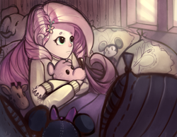 Size: 1527x1184 | Tagged: safe, artist:yunni-yunni, character:fluttershy, species:human, female, humanized, plushie, solo, window