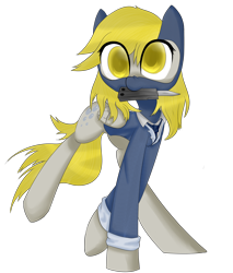 Size: 1770x2080 | Tagged: safe, artist:prozenconns, character:derpy hooves, species:pegasus, species:pony, balisong, butterfly knife, clothing, crossover, derpyspy, female, knife, mare, mouth hold, raised leg, simple background, smiling, solo, spy, team fortress 2, transparent background