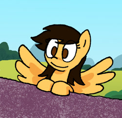 Size: 400x386 | Tagged: safe, artist:manulis, oc, oc only, species:pegasus, species:pony, female, mare, no pupils, outdoors, smiling, solo, spread wings, wings
