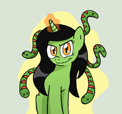 Size: 400x376 | Tagged: safe, artist:manulis, species:pony, species:unicorn, evil grin, female, glowing horn, gorgon, looking at you, mare, medusa, ponified, smiling, solo