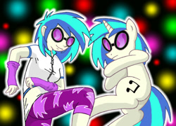 Size: 600x433 | Tagged: safe, artist:manulis, character:dj pon-3, character:vinyl scratch, species:human, species:pony, species:unicorn, my little pony:equestria girls, abstract background, clothing, female, human ponidox, looking at you, mare, pants, ponidox, raised leg, shirt, smiling, sunglasses