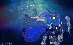 Size: 2000x1250 | Tagged: safe, artist:mrflabbergasted, artist:xxsweet-vanillaxx, character:princess luna, species:alicorn, species:pony, armor, female, mare, solo, space, vector, wallpaper