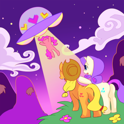 Size: 900x900 | Tagged: safe, artist:marihico, character:applejack, character:pinkie pie, character:rarity, species:earth pony, species:pony, species:unicorn, abduction, alien, alien abduction, butt, female, flying saucer, i must go, mare, plot, ufo
