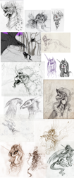 Size: 1024x2446 | Tagged: safe, artist:grinu, character:king sombra, character:nightmare moon, character:princess luna, oc, species:alicorn, species:bird, species:dragon, species:pony, species:raven, species:unicorn, alicorn oc, furry, horn, sketch dump, sword, traditional art, weapon, wings