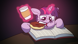 Size: 1920x1080 | Tagged: safe, artist:tranquilmind, character:twilight sparkle, biting, book, coffee, donut, female, magic, messy mane, solo, study, studying, tired