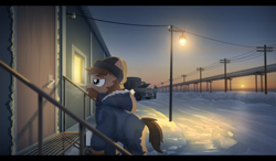 Size: 1920x1122 | Tagged: safe, artist:gign-3208, species:earth pony, species:pony, arctic, beard, car, clothing, facial hair, hat, overalls, pipe (plumbing), scenery, snow, truck, winter