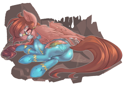 Size: 1466x1000 | Tagged: safe, artist:chingilin, oc, oc only, species:pegasus, species:pony, angry, broken goggles, clothing, female, form fitting, goggles, plot, solo, torn clothes, underhoof, wonderbolts uniform