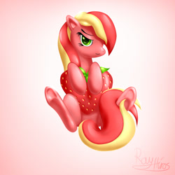 Size: 1000x1000 | Tagged: safe, artist:rayhiros, oc, oc only, oc:strawberry heart, species:earth pony, species:pony, g4, earth pony oc, female, gradient background, looking at you, lying down, mare, on back, pink background, signature, simple background, solo, strawberry, underhoof