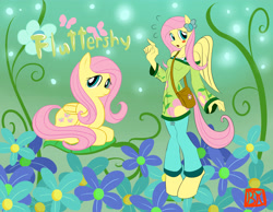 Size: 4500x3500 | Tagged: safe, artist:lordvader914, character:fluttershy, species:anthro, species:unguligrade anthro, anthro ponidox, blushing, female, flower, purse, solo