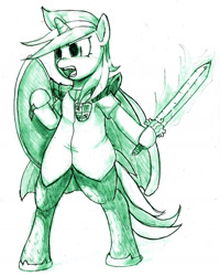 Size: 1220x1524 | Tagged: safe, artist:pockystix, character:bon bon, character:lyra heartstrings, character:sweetie drops, arisen, crossover, dragon's dogma, enchanted weapon, fire, mystic knight, shield, sketch, sword