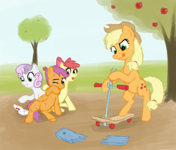 Size: 1000x855 | Tagged: safe, artist:poniker, character:apple bloom, character:applejack, character:scootaloo, character:sweetie belle, bandaid, crying, cutie mark crusaders, scootalove, scooter
