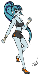 Size: 541x1033 | Tagged: safe, artist:newbluud, character:sonata dusk, my little pony:equestria girls, belly button, clothing, colored, fit, hand wraps, martial arts, midriff, pinup, pointed breasts, ponytail, shorts, sports, sports bra, sports shorts, thighs