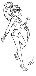 Size: 517x1081 | Tagged: safe, artist:newbluud, character:sonata dusk, species:human, belly button, clothing, fit, humanized, lineart, martial arts, midriff, monochrome, pinup, ponytail, sports, sports bra, thighs