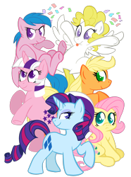 Size: 2158x2907 | Tagged: safe, artist:voraire, character:applejack (g1), character:firefly, character:posey, character:sparkler (g1), character:surprise, species:earth pony, species:pegasus, species:pony, species:unicorn, g1, colored pupils, confetti, cute, female, g1 six, g1 to g4, generation leap, high res, mare, simple background, smiling, tongue out, transparent background