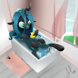 Size: 1024x1024 | Tagged: safe, artist:zombies8mywaffle, character:queen chrysalis, species:changeling, bath, changeling queen, cute, cutealis, female, heart, rubber duck, solo, window, younger