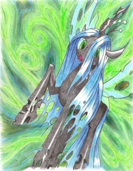 Size: 1666x2138 | Tagged: safe, artist:philo5, character:queen chrysalis, species:changeling, changeling queen, female, frown, raised hoof, solo, standing, traditional art