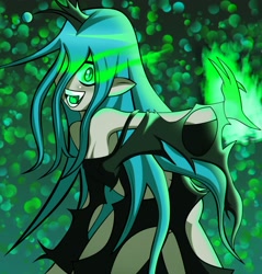 Size: 2470x2583 | Tagged: safe, artist:lucky-jj, character:queen chrysalis, species:changeling, breasts, changeling queen, clothing, fangs, female, glowing eyes, high res, humanized, looking at you, open mouth, smiling, solo
